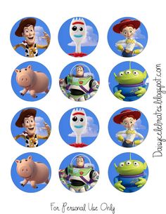 the characters from toy story for personal use only are shown in this image, and they appear to be on separate circles