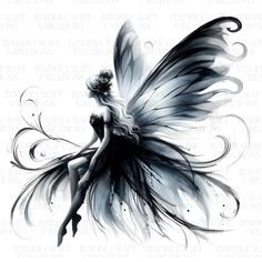 a black and white drawing of a fairy with wings