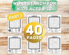 the word search for kids ages 8 - 10 is displayed on a wooden background with four pages