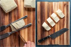 there are four different types of food being cut up on the cutting board and then put into cubes