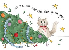 a drawing of a cat sitting next to a christmas tree with the words it's the most wonderful time of the year