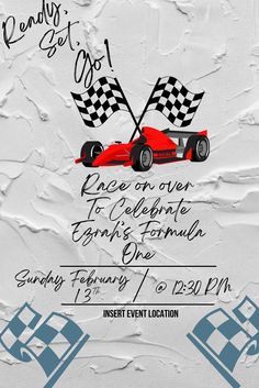 an event poster with a race car and checkered flags