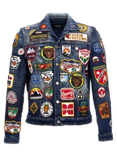 Used-effect cotton denim jacket with all-over patches, button closure, and long cuffed sleeves. Composition: 99% cotton, 1% elastane | Dsquared2 Men's Denim Patches Jacket in Blue/White | FW23/24 Denim Patches Jacket, Patch Denim Jacket, Affliction Clothing, Jacket Patches, Patch Denim, Embellished Denim Jacket