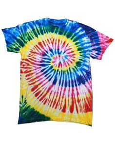 a multicolored tie - dyed t - shirt on a white background