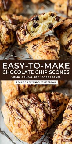 chocolate chip scones on a wire rack with the words easy - to - make chocolate chip