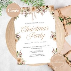 a christmas party card with flowers on it