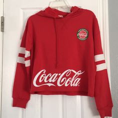 Coca Cola Cropped Sweatshirt Hoodie Size S Casual College Hoodie Sweater, Letter Print Hooded Top For College, Hooded Tops With Letter Print For College, Hooded Letter Print Top For College, Casual Hooded Top With Graphic Print, College Crew Neck Top With Drawstring Hood, Crew Neck Top With Drawstring Hood For College, Red Letter Print Hoodie Top, Trendy Red Hoodie With Letter Print