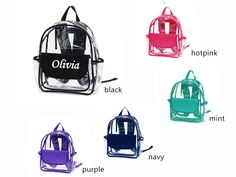 "Clear PVC preschool Backpack ❤High-Quality Material: Transparent PVC, thicker than most other regular transparent backpacks. ❤Perfect Size: 11.4\"L x 4.3\"W x 14.2\"H can fit all your essentials, such bottle, books, phone, key, etc. ❤Convenient Design: Two sides pockets. Bottle water can be held. Zipper hanging pocket inside. Comfortable padded adjustable shoulder straps and fabric haul loop. ❤Occasions: This clear backpack is also the perfect plastic backpack for travel, commuting to work, and Casual Clear Backpack For School, Pink School Backpack With Clear Strap, Clear Rectangular Backpack For School, Plastic Standard Backpack For School, Clear Backpack For Back To School, Clear Bag For Back To School, Clear School Bag For Back To School, Clear Bags For Back To School, Back To School Clear Backpack