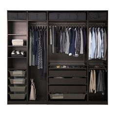 an organized closet with clothes and drawers