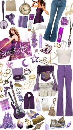 a collage of purple and white items including shoes, bracelets, necklaces