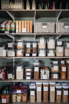 shelves filled with lots of food and containers