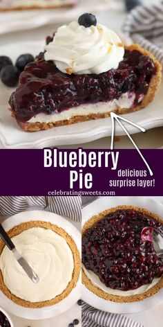 a blueberry pie with whipped cream on top and an image of the pie before it has been sliced