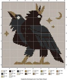 a black bird with horns on it's head is shown in the cross stitch pattern