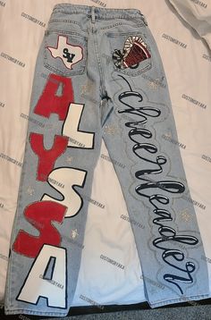 SENIOR PAINTED JEANS Custom Made - Etsy Hoco Pants, Homecoming Jeans Ideas, Cheer Swag, Homecoming Jeans, Hoco Jeans, Decorate Jeans, Paint Pants, Senior Painted Jeans, Senior Pants