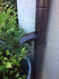 a metal pole next to a potted plant with green plants growing out of it