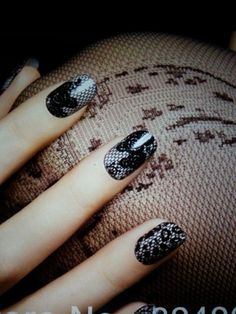 Grey and black lace nail art nails with two steps of stamping... Black Lace Nail Art, Nail Signs, Lace Nail Art, Nails Ombre, Short Press On Nails, Short Coffin