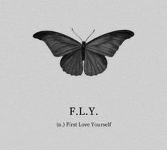 a black and white butterfly with the words f l y on it's back