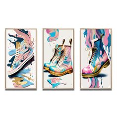 three paintings with colorful shoes on them