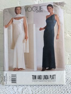 the front and back of a sewing pattern for a woman's dress with one shoulder