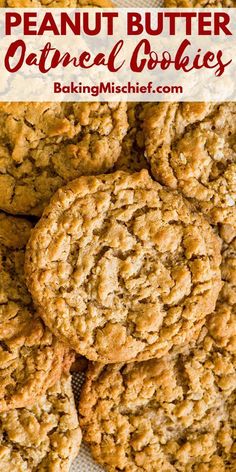 peanut butter oatmeal cookies stacked on top of each other with text overlay