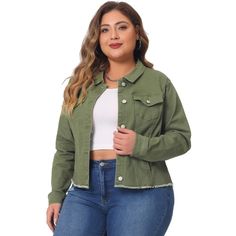 Elevate your casual fashion game with this plus-size classic denim jean jacket. This timeless piece is a must-have item in any wardrobe, offering endless versatility and ensuring that you can stay effortlessly stylish. Whether you're going for a relaxed weekend look or adding an extra layer of style to your everyday attire, this jacket adds a touch of casual chic to any outfit. It's the perfect addition to complete your ensemble. Upgrade your wardrobe with this classic plus-size denim jean jacke Collarless Denim Jacket, Frayed Denim Jacket, Long Denim Jacket, Casual Denim Jacket, Pockets Fashion, Plus Size Outerwear, Plus Size Coats, Frayed Denim, Oversized Denim Jacket