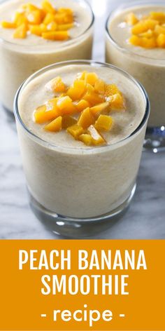 A glass of peach banana smoothie garnished with chopped peaches. Two more glasses in the background. Below the image, there is a text overlay saying: peach banana smoothie recipe. Banana Milk Smoothie, Healthy Peach Smoothie Recipes, Peach Smoothie Recipes Healthy, Smoothie Peach Recipes, Smoothies With Peaches, Strawberry Banana Peach Smoothie, Banana And Peach Smoothie, Healthy Summer Smoothies