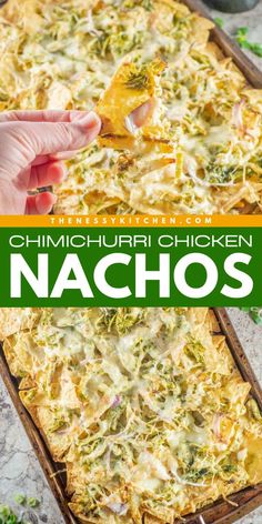 One of the best game day recipes featuring sheet pan nachos! They're an easy appetizer for a party. Made with chimichurri sauce, these chicken nachos are so fresh and zesty! You'll want this fun party snack as a Friday night dinner!