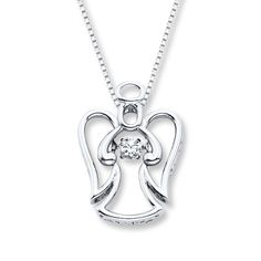 From the Unstoppable Love collection, the angel in this adorable necklace holds a diamond that catches light from every angle as it moves. Crafted in sterling silver, the necklace for her has a total diamond weight of 1/6 carat. The pendant sways from an 18-inch box chain that secures with a lobster clasp. Symbol Jewelry, Silver Pendant Lighting, Angel Charm, Jewelry Advice, Bone Jewelry, Necklace For Her, Symbolic Jewelry, Crescent Moon Necklace, Church Design