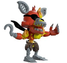 a red and yellow cartoon character with claws on it's head, holding a wrench