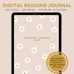 the digital reading journal is shown with a gold seal on it and daisies in the background