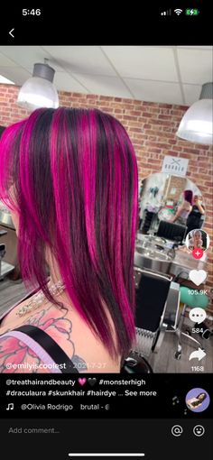 Coloured Chunky Highlights, Chunky Magenta Highlights, Skunk Dyed Hair Pink, Hot Pink Hair Streaks Brunette, Red Pink And Black Hair, Pink Hair Black Highlights, Hot Pink Chunky Highlights, Hair Color Ideas Pink Highlights, Hot Pink Hair Highlights