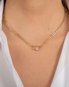 14k Gold Large Paper Clip Chain with Diamond Carabiner Necklace Elegant Chain Link Necklaces With Carabiner Clasp, Carabiner Necklace, Necklace Sizes, Paper Clip, Or Rose, Beautiful Necklaces, Yellow White, Natural Diamonds, Gold Color