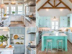 four pictures of kitchen with blue cabinets and white counter tops, including an island in the middle