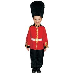 a little boy in a red uniform with a black hat and gold trim on his head