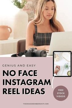 a woman sitting in front of a laptop computer with the text genius and easy no face instagram reels