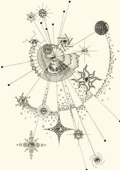 an artistic drawing with stars and planets in the sky, on top of a white background