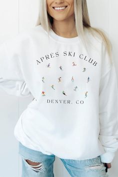 Custom Apres Ski Sweatshirt, Comfort Colors Crewneck, Apres Ski, Ski Bachelorette, Winter Bachelorette, Ski Club, Snowboard, Winter Sports White Crew Neck Sweatshirt For Winter Sports, White Crew Neck Top For Snowboarding, Ski Bachelorette, Winter Bachelorette, Ski Sweatshirt, Winter Crewneck, Fall Apparel, Ski Club, Winter Apparel