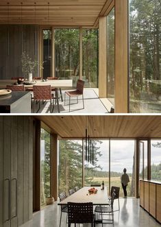 this modern house has an open floor plan and is surrounded by large glass windows that look out onto the woods