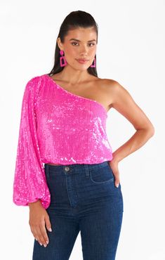 Party Top ~ Bright Pink Sequins – Show Me Your Mumu Womens Party Tops, Sequin Crop Top, Party Fits, Flattering Tops, Show Me Your Mumu, Pink Sequin, Mink Pink, Long Puff Sleeves, One Shoulder Tops