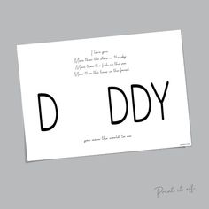 a white card with the word dddy written in black ink on top of it