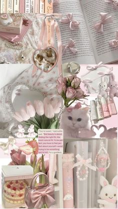 a collage of pink and white items including flowers, candles, books and other things