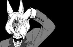 a man in a suit and tie with his hand on his head, wearing an animal mask