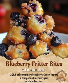 blueberry fritter bites are stacked on top of each other