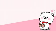 a white bear with hearts on its chest standing in front of a pink and white background