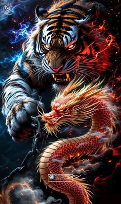 a tiger with a dragon on it's back, in front of a fire and ice background