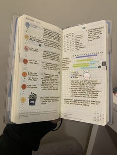 an open book with stickers on the pages