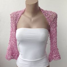 Pink Wedding Bolero-Pink Bridal Bolero-Pink Shrug-Pink Bolero-Bridesmaid Bolero-Rosa Bolero-Mother o Summer Party Shrug With Stretch, Stretch Summer Party Shrug, Long Sleeve Crochet Shrug For Summer, Crochet Long Sleeve Summer Shrug, Long Sleeve Summer Shrug For Party, Elegant Stretch Shrug For Spring, Summer Crochet Long Sleeve Shrug, Summer Evening Long Sleeve Cardigan, Spring Party Lace Shrug