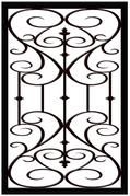 a wrought iron gate with swirls and scrolls on the sides, in black against a white background