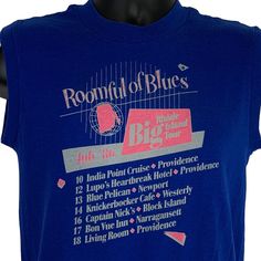 "Vintage 80s 1986 Roomful Of Blues Tour Sleeveless T Shirt Providence Rhode Island Concert Swing Revival Big Band Sunbelt Sportswear Single Stitch Made In USA Graphic Tee Condition: In good used condition - has some spots. Tag is a Large but I feel it measures more similar to a modern Small. Check measurements to ensure fit. See photos. Size and Measurements: Mens/Unisex Small Width 18\" - Underarm to underarm Length 25\" - Measure from top of shoulder at the edge of collar to the bottom of the Heartbreak Hotel, Providence Rhode Island, Block Island, Sleeveless T Shirt, Big Band, Blue Band, Sleeveless Tshirt, Tour T Shirts, Rhode Island