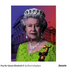 an image of the queen elizabeth ii in her green dress and tiara, with buildings in the background